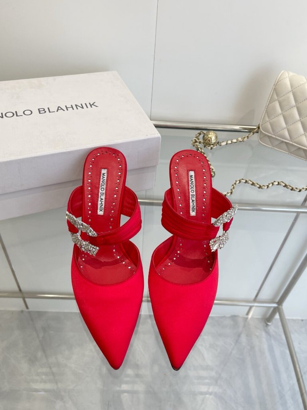 Manolo Blahnik Crystal Embellished Red Satin Pointed-Toe Mules - Picture 3 of 10